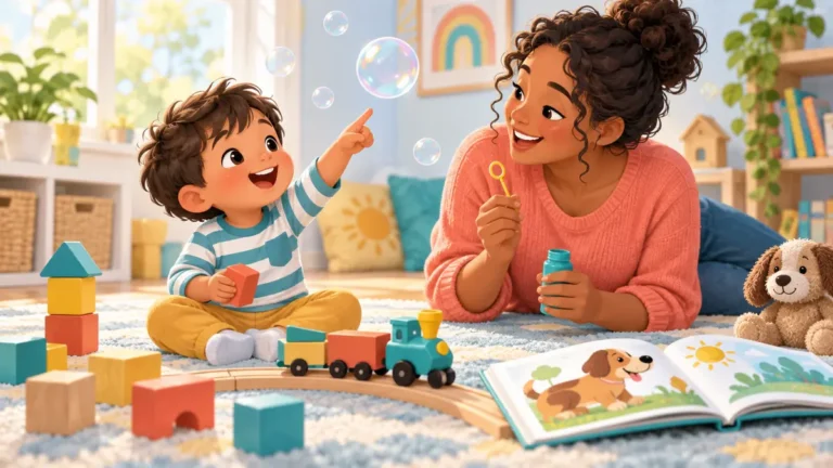 Child and caregiver enjoying communication activities at home